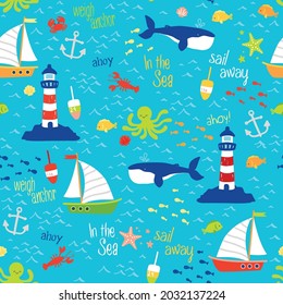 Ahoy there. This ocean nautical scene is filled with ocean life and nautical boats. This vector pattern repeats seamlessly and is perfect for wallpaper, backgrounds, and surface designs.
