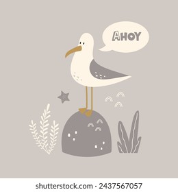 Ahoy vector cita graciosa. Linda gaviota en una piedra. Ilustración marina para estampados en camisetas, carteles, tarjetas. Frase inspiradora. Ilustración infantil náutica. Diseño plano de estilo escandinavo. 