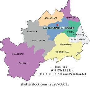 Ahrweiler verbandsgemeinden map of Rhineland-Palatinate state in Germany. Map with capitals. Vectored. Colors shamrock, concrete, polo blue, drover, orchid, silver, caramel