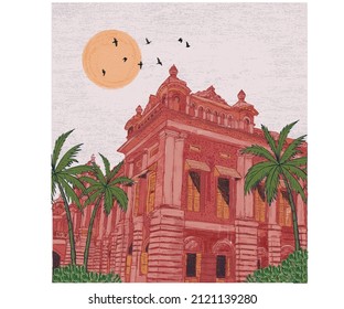 Ahsan manzil watercolor vector print illustration design. Heritage architecture illustration.   