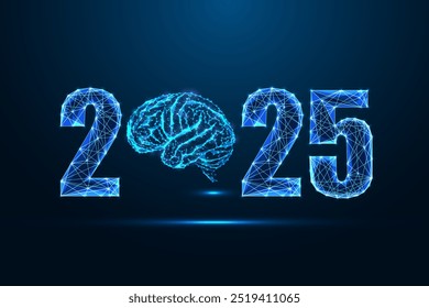 AI en 2025 Concepto futurista del año Nuevo con 2025 dígitos y cerebro sobre fondo azul oscuro. Innovación, inteligencia, tecnología moderna y tendencias. Brillante Ilustración vectorial de diseño poligonal bajo.