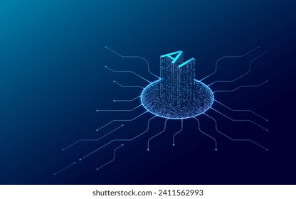 Chip de holograma AI 3D con partículas digitales en la superficie de circuito abstracto de la tecnología. Concepto de Inteligencia Artificial con luz de neón sobre fondo azul. Big Data. Tecnología de IA futurista. Ilustración del vector