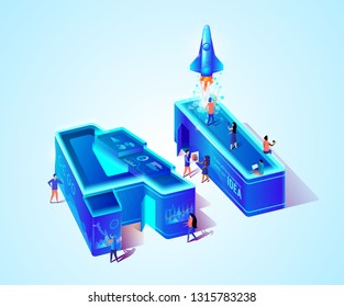 AI 3d Neon Isometric Letters. Artificial Intelligence. Everything Begins with an Idea. Little Scientist People Working on Creation Technology of Future. Rocket Going Up To Sky. Vector Illustration.