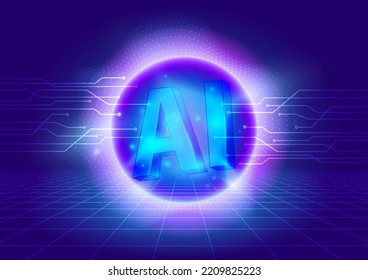 AI, 3D Symbol, Dynamic Wave Circle, Neon Glow Grid Floor and Digital Circuit Tecnology Background, Machine Learning, Hi-tech, Disruption, Innnovation Concept Futuristic Perspective Backdrop
