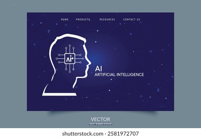 AI. Abstract background of artificial intelligence with a silhouette of a head and a diagram of a neural network. Technological design with a silhouette of the head and elements of artificial intellig
