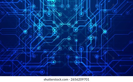 Fondo abstracto de la placa de circuito de la IA. Tecnología conectó líneas azules con Elementos electrónicos en Tech BG. Placa madre de computadora con un chip, procesador y semiconductor.