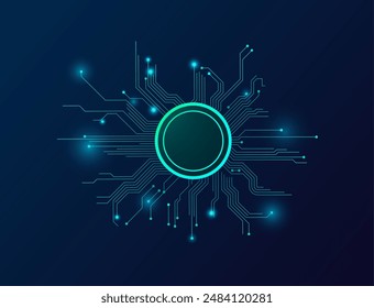 Ai circuito abstracto aislado sobre un fondo azul oscuro. Microcircuito eléctrico redondo verde con efecto brillante. Base de datos. Tecnologías cibernéticas. Sistema de comunicación. Ilustración vectorial.