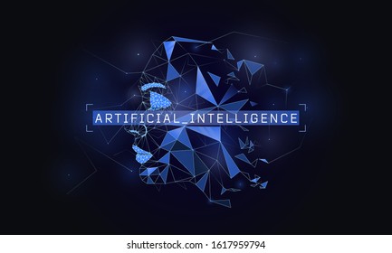 AI abstract face concept, cyber mind, artificial intelligence, virtual robot, consciousness, machine learning, data mining