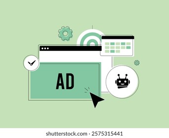 AI ad scheduling illustration featuring AI-powered advertising tools, campaign builders, marketing solutions, automated ad placement, intelligent scheduling, and digital advertising assistants