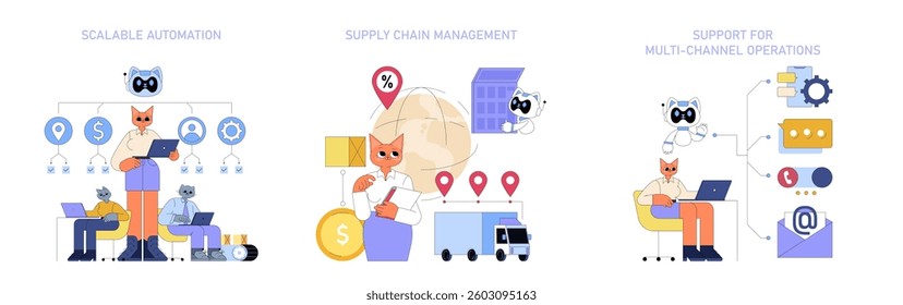 AI adoption enhances operational efficiency in global business. This illustration represents scalable automation, supply chain management, and support for multi-channel operations. Vector illustration