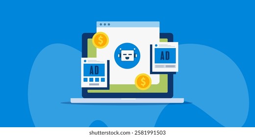 AI ads for digital marketing, Artificial intelligence running ad campaign on social media, AI driven business promotion - vector illustration with icons