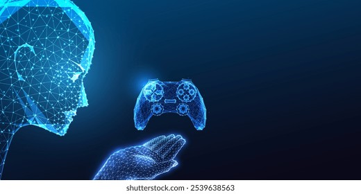 AI avanço no conceito da indústria de jogos com cabeça robótica segurando controlador de jogo brilhante no fundo azul escuro. Interatividade, entretenimento digital. Ilustração de vetor abstrato poligonal baixo