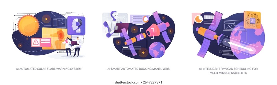 AI Advances in Spaceflight abstract concept vector illustration set. AI enables solar flare alerts, precise docking, and payload scheduling for efficient space missions. abstract metaphor.