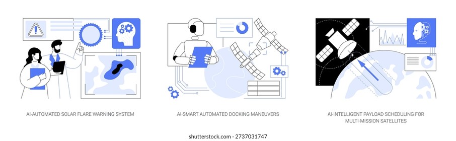 AI Advances in Spaceflight abstract concept vector illustration set. AI enables solar flare alerts, precise docking, and payload scheduling for efficient space missions. abstract metaphor.