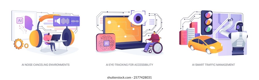 AI Advancing Accessibility and Efficiency abstract concept vector illustration set. Noise cancellation, AI eye-tracking technology, traffic optimization for reduced congestion. abstract metaphor.