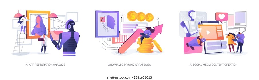 AI Advancing Art, Retail, and Creativity abstract concept vector illustration set. Artwork analysis, real-time price adjustments, and AI-generated social media content and graphics abstract metaphor.