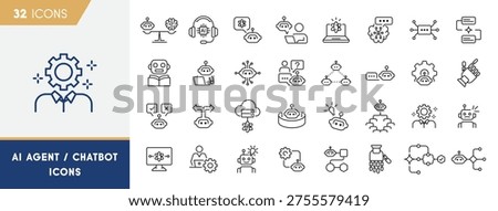 AI Agent And Chatbot Line Icons Set For Automation Assistants And Intelligent Communication Systems
