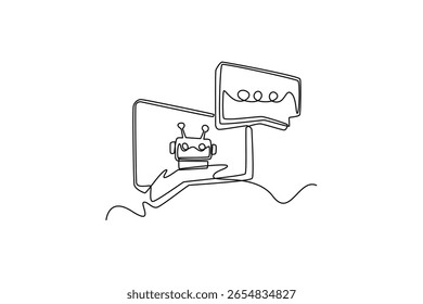 AI agent chatbots customized for support, sales, marketing. AI chat concept. Single line draw design. Vector graphic illustration