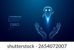 AI Agent Concept. Cute Technology AI Mascot in Abstract Human Palms. Artificial Intelligence Innovation And Safety. Futuristic Chatbot Character. Low Poly Wireframe Digital Vector Illustration. 