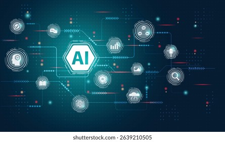 Ai agent generate concept. Artificial Intelligence assistant technology for graphic design, translate, chat bot, images, write code, advertising, law, customer analysis, security, healthcare, study.
