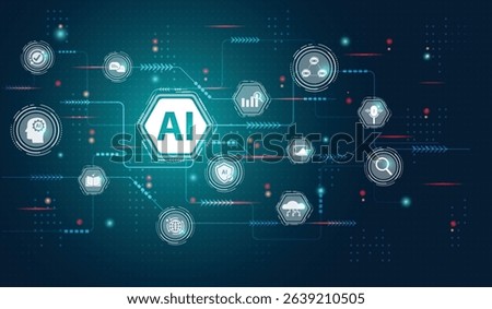 Ai agent generate concept. Artificial Intelligence assistant technology for graphic design, translate, chat bot, images, write code, advertising, law, customer analysis, security, healthcare, study.