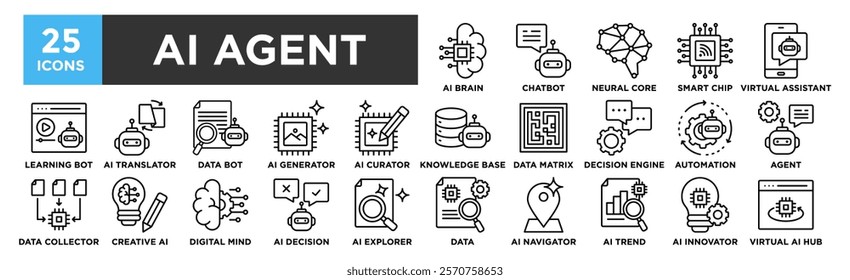 AI Agent icon collection set. Containing design AI Brain, Chatbot, Neural Core, Smart Chip, Virtual Assistant