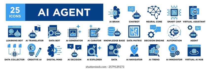 AI Agent icon collection set. Containing design AI Brain, Chatbot, Neural Core, Smart Chip, Virtual Assistant	