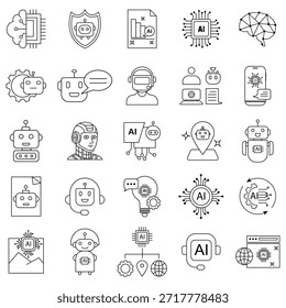 Conjunto de iconos de agente AI. Inteligencia artificial, chatbot, robot, aprendizaje automático, redes neuronales, automatización, chatbot y tecnología futurista
