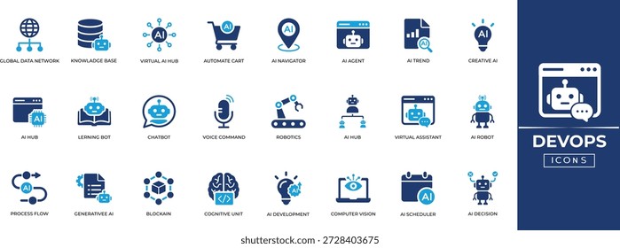 Conjunto de ícones do AI Agent, símbolos de fluxo de trabalho autônomos de AI agênticos, nós de aprendizado de máquina, vetores de bot de rede neural para design de UX de interface do usuário saas. Coleção de ícones sólidos.
