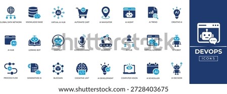 AI Agent icon set, Autonomous agentic AI workflow symbols, Machine learning nodes, Neural network bot vectors for saas UI UX design. Solid icon collection.

