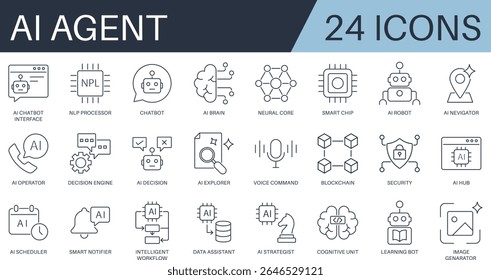 AI Agent icon set in outline style. Includes chatbot, AI brain, neural core, smart chip, cognitive unit, and more.