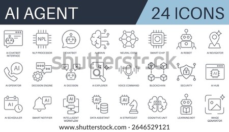 AI Agent icon set in outline style. Includes chatbot, AI brain, neural core, smart chip, cognitive unit, and more.
