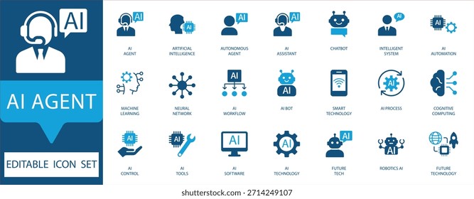 Conjunto de ícones do AI Agent. Vetores para Inteligência Artificial, aprendizagem de máquina, redes neurais, automação, chatbots e tecnologia futurista.