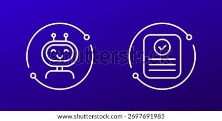 AI agent icons with robot and completed task, line design