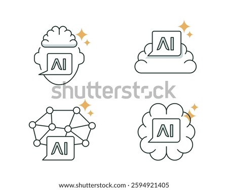 AI Agent Icons Set. Cognitive AI, Cloud AI, Neural Network, Conversational AI. Editable Stroke Icons.