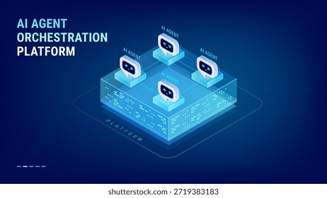 Concepto de plataforma de orquestación de agentes de IA: plataforma con diagrama de Empresa de agentes de IA conectados: Vector isométrico