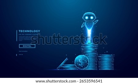AI agent robot flying above stacks of coins. Modern fintech assistant bot helping with investment and budget management. Digital finance, trading, and AI-powered market solutions. Vector illustration.