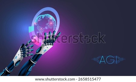 AI agent or Robot hands hold a VR projection of the Earth in close-up. AGI manages the processes in the world. Global artificial intelligence conceptual banner. Cyborg arm in cyberspace controls world