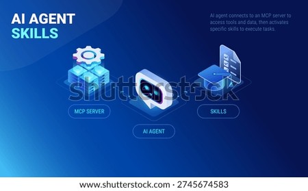 AI Agent Skills infographics - workflow diagram isometric technology vector - AI agent connects to MCP server to access tools and data, then activates specific skills to execute tasks