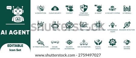AI Agent Solid icons set. brain, editable, future, learning, support, talk, agent, voice, assistant, and solid vector.