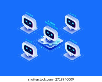 Sistema de agente de IA conectado al orquestador de agentes de IA - Vector de infografía de tecnología isométrica