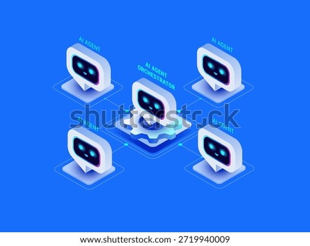 AI agent system connected to AI agent orchestrator - isometric technology infographic vector