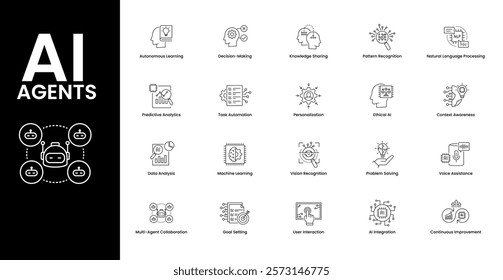 AI Agents Icon Set. Comprehensive collection featuring autonomous learning, decision-making, knowledge sharing, predictive analytics, task automation, and AI integration for advanced artificial intell