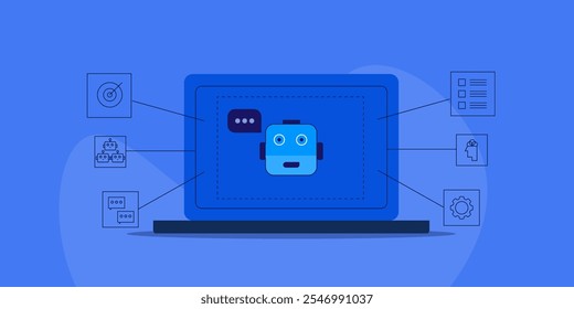 Agentes de IA, Inteligência artificial multitarefa, Negócios automatizados orientados por IA - fundo de ilustração vetorial com ícones