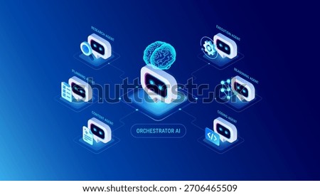 AI Agents Orchestration Workflow Diagram - Orchestrator AI connected to six multi-agent system: research agent, planning, writing content, execution, coding, reasoning - Technology infographic vector