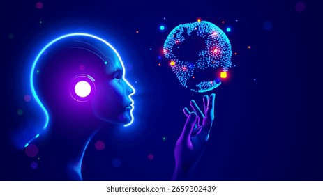 AI. AGI. Artificial intelligence in human face or head concept. Glowing neon silhouette of the head of a Artificial Intelligence or AGI on a blue background looks carefully at the Earth in his hand.