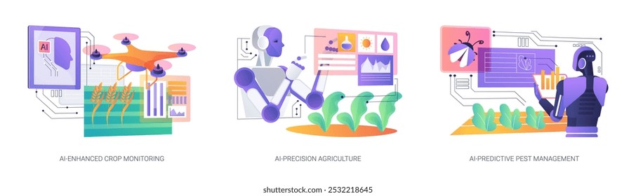 AI in Agricultura conceito abstrato vetor ilustração conjunto. Monitoramento de culturas melhorado por IA, agricultura de precisão por IA, uso de água e fertilizantes, metáfora abstrata de gerenciamento de pragas preditivo por IA.