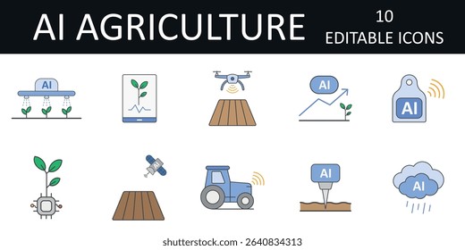 AI in Agriculture icon sheet showing drone, smart irrigation, sensor tractor, chip-embedded plant, crop tablet, weather prediction, soil scanner, livestock tag, harvest forecast
