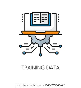 AI algorithm, artificial intelligence analysis, machine learning training data outline color icon. Machine learning computer technology outline vector icon with laptop cog wheel and motherboard traces