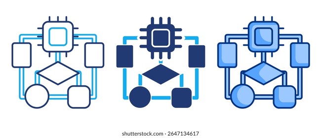 AI algorithm icon represented by chip, graph, Blue, Dualline, Dualtone style.